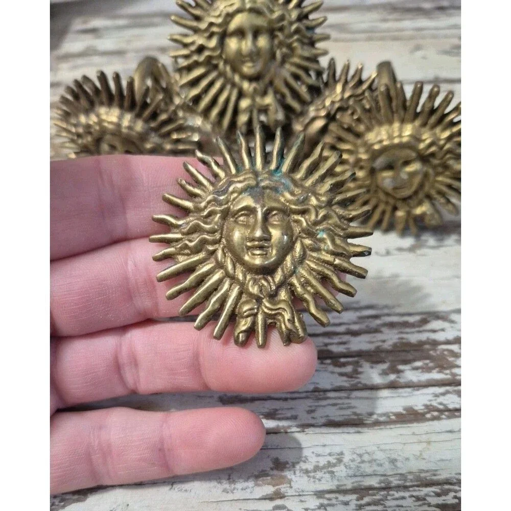 Vintage Solid Brass Sunshine Smiling Face Napkin Rings Set of 6 2